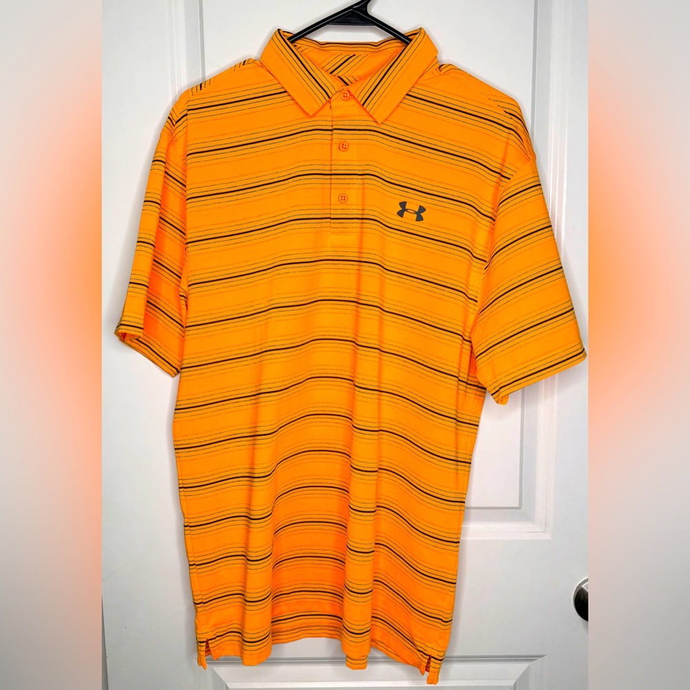 Under Armour Neon Orange Striped Polo Shirt Men’s Large HeatGear Golf